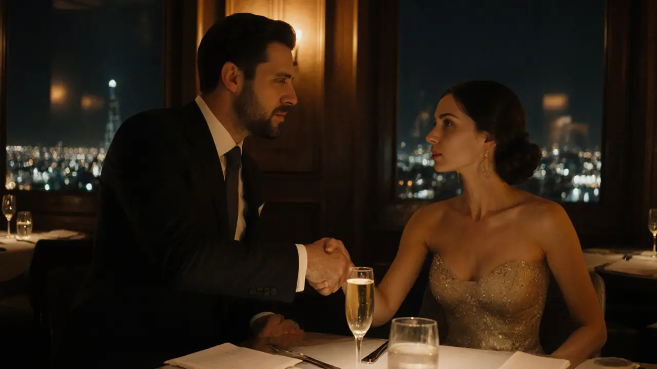 Businessman and sophisticated escort meeting over champagne in a Paris restaurant.