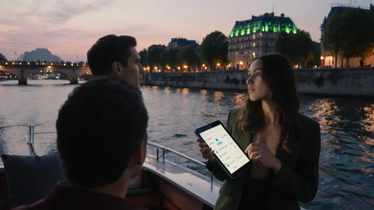 Eco‑luxury electric boat cruise with multilingual escort using a tablet.