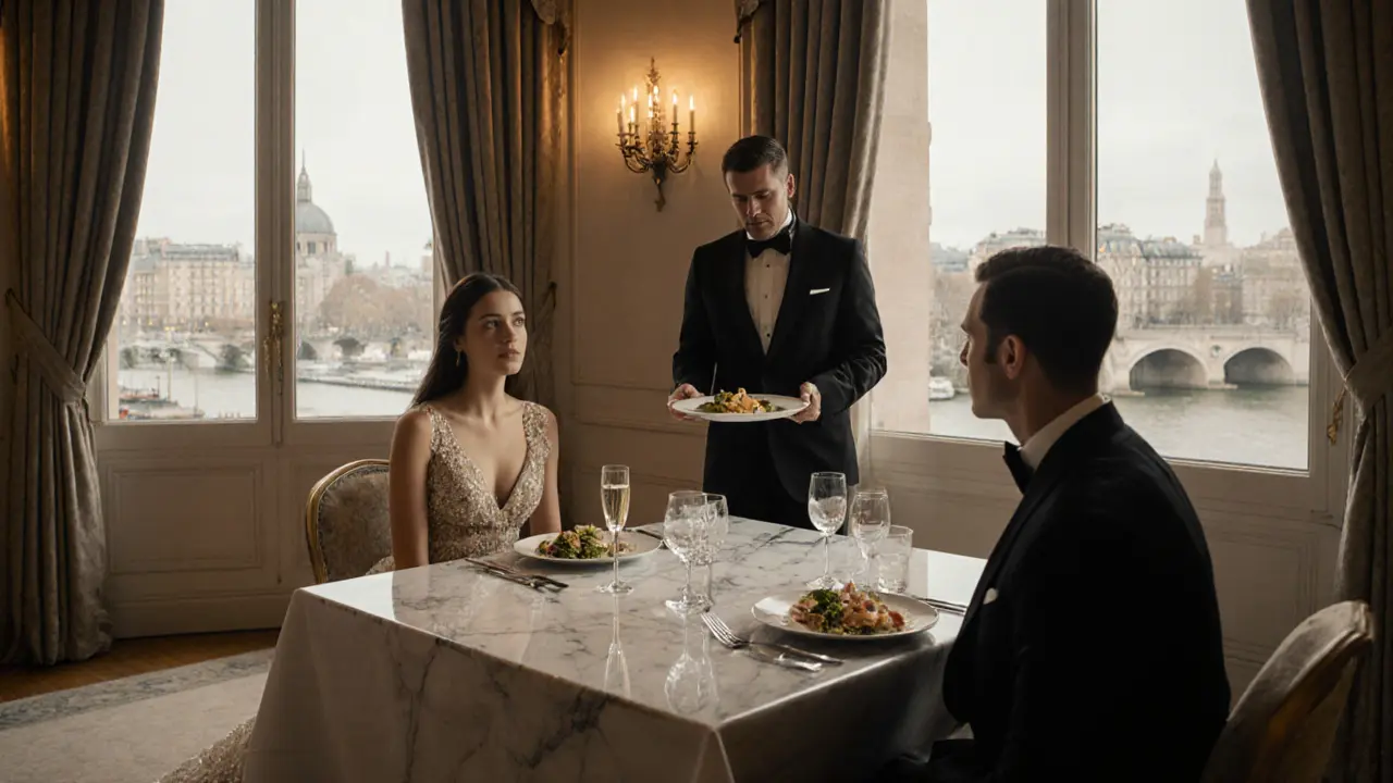 Elite companion sharing champagne with a client in a luxury hotel suite.