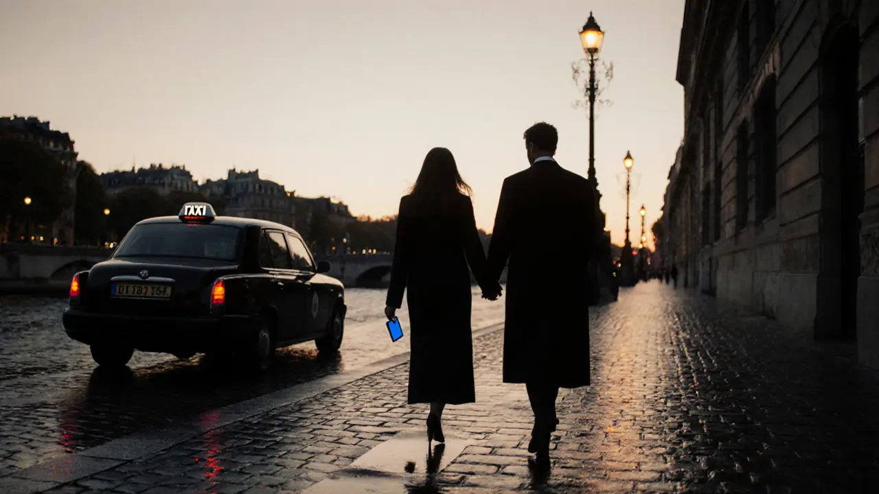 Escort and client strolling along the Seine at dawn, taxi waiting nearby, phone in hand.