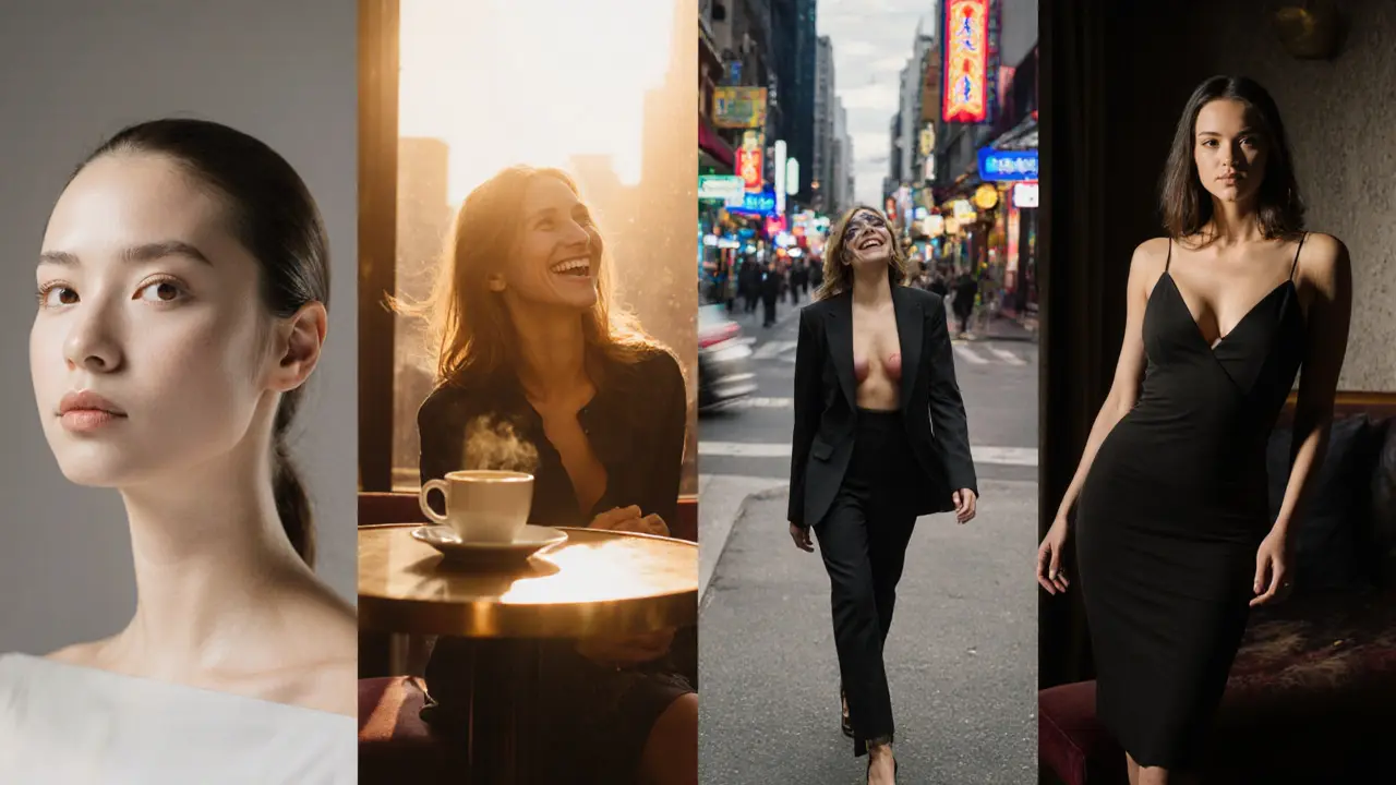 Four panels showing portrait studio, café lifestyle, street candid, and hotel glamour shots.