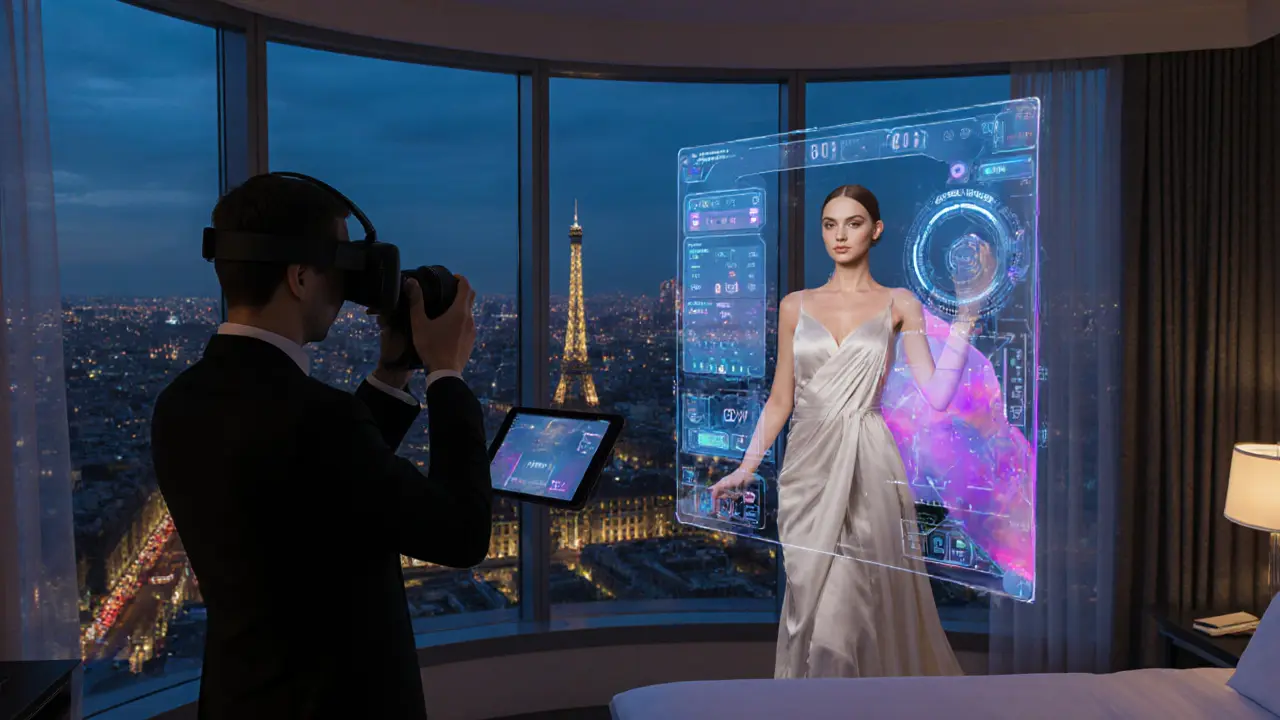 Futuristic photo shoot with AI tools and 360° virtual reality view in a hotel suite.