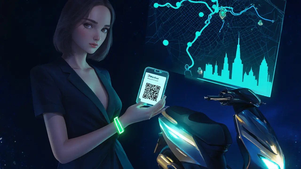 Futuristic scene of escort with safety bracelet, QR health badge, neon map of Paris districts.