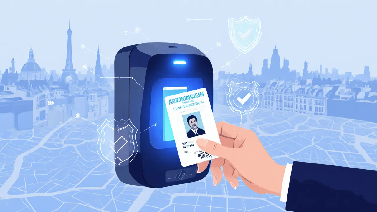 Hand holding an ID next to a biometric scanner with holographic icons in a Paris map backdrop.