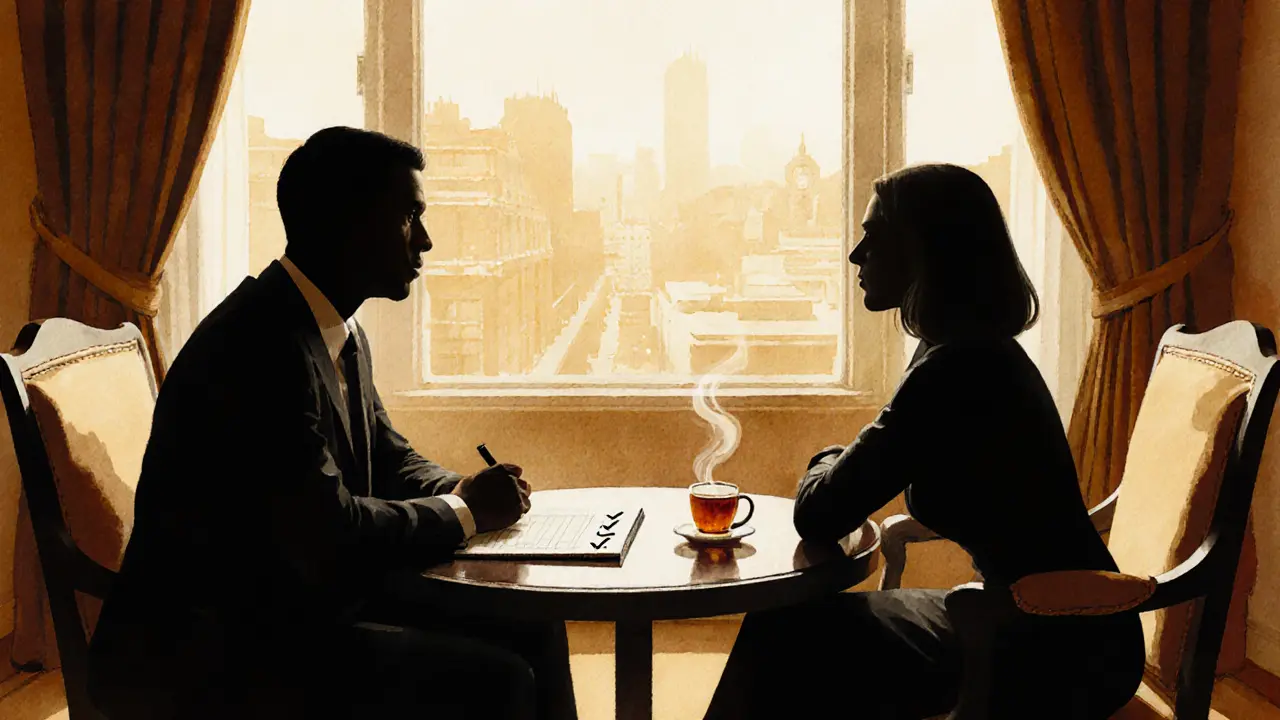 Hotel lounge with a man, escort, and a table holding an envelope and checklist.