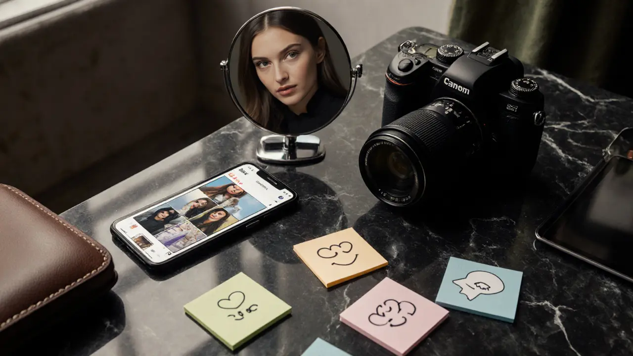 Luxurious flat lay of phone, camera, and accessories on a marble table.