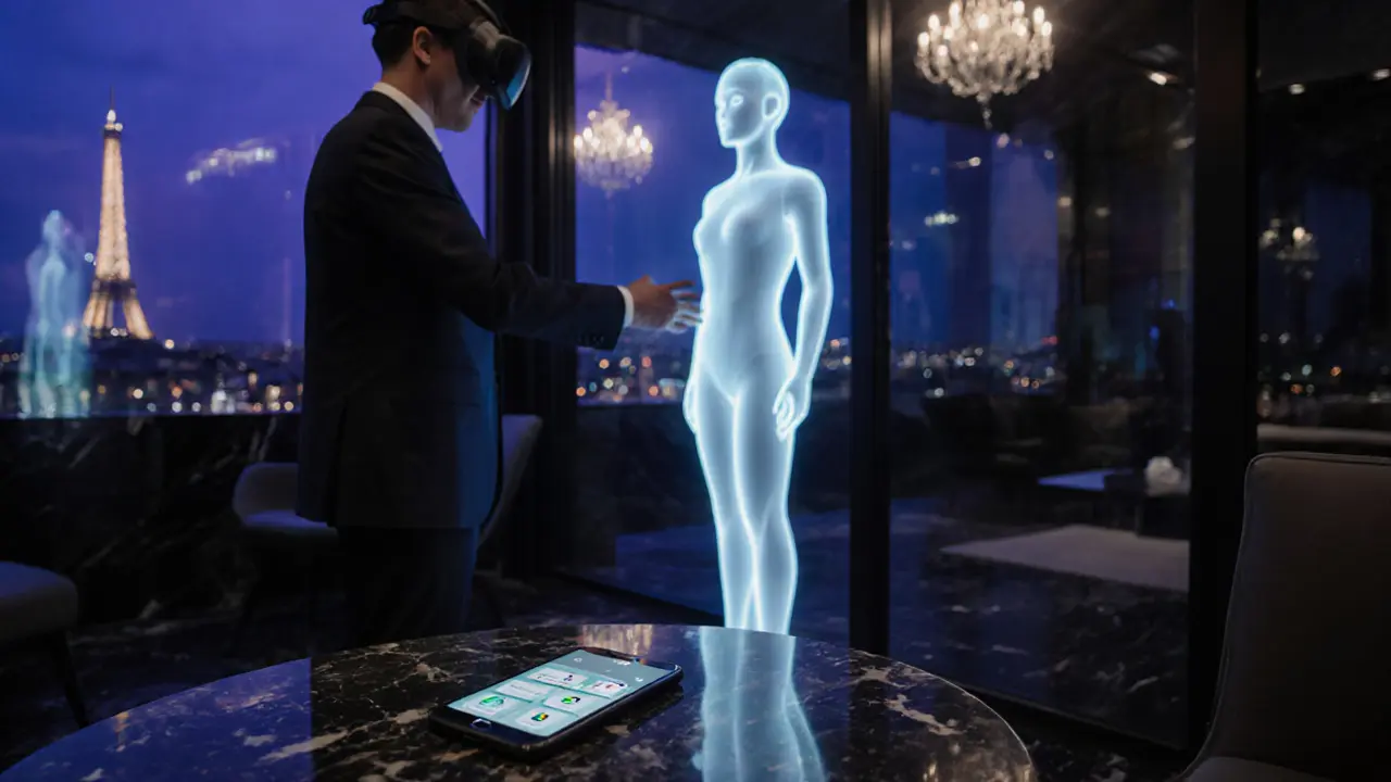 Luxurious hotel VR lounge with client in headset interacting with holographic AI companion.