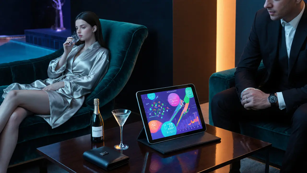 Luxurious lounge with tablet showing abstract graphs, champagne, and stylish escort beside a client.