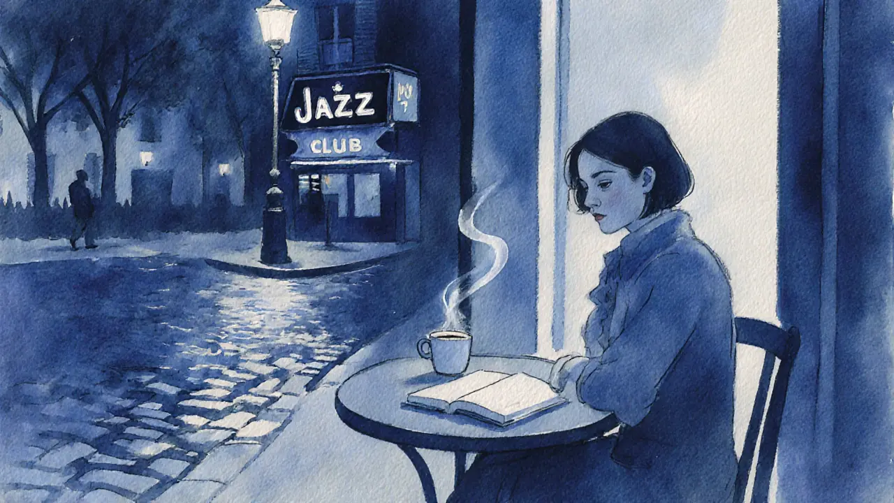 Modern escort writing in a Paris café at night under a streetlamp, contemplative mood.