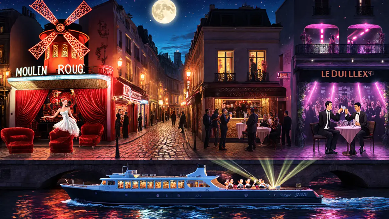 Montage of Moulin Rouge cabaret, Le Marais bar, Le Duplex nightclub, and a Seine night cruise with an escort.