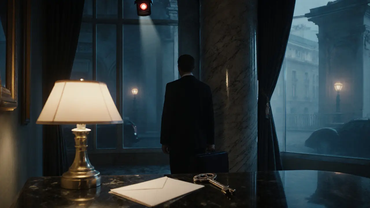 Nighttime hotel lobby with a lone man, security camera, and desk items suggesting safety and legality.