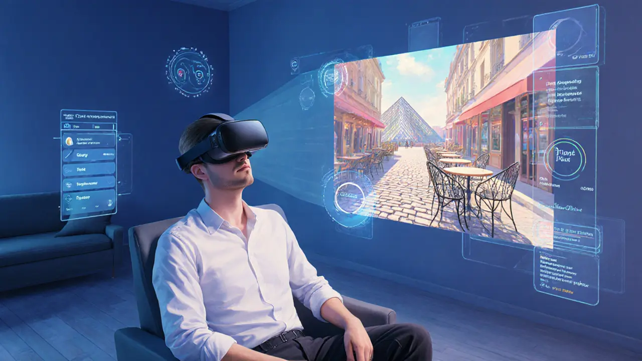 Person wearing a VR headset experiencing a virtual Parisian café with futuristic UI overlays.