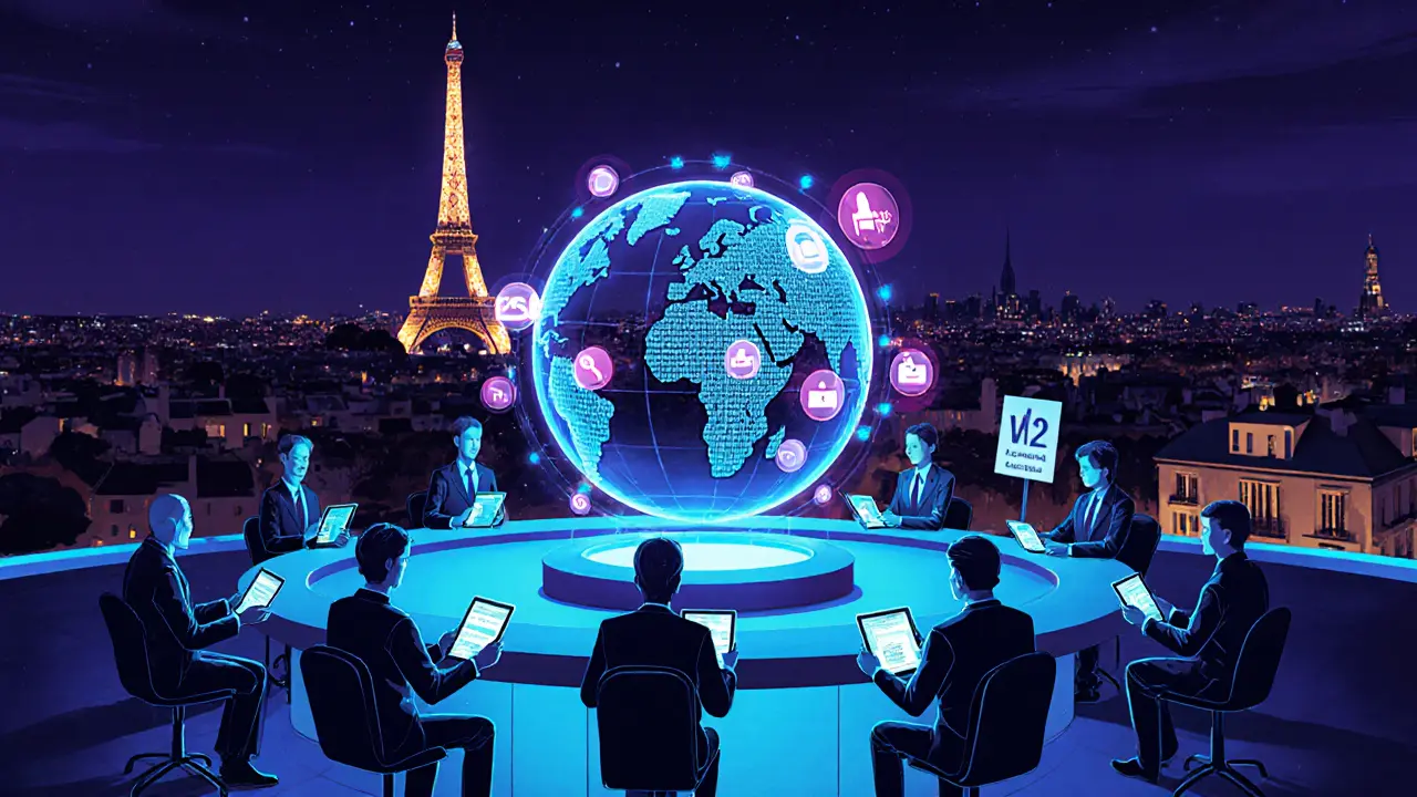 Rooftop meeting with holographic data displays symbolizing future verification and safety.