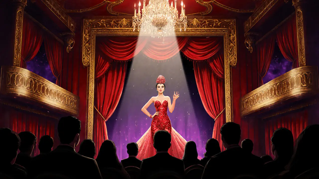 Satine performing on Moulin Rouge stage, bathed in red spotlight amid lavish décor.