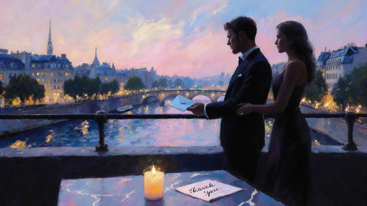 Silhouetted couple on a rooftop bar at night, exchanging a discreet note and cash.
