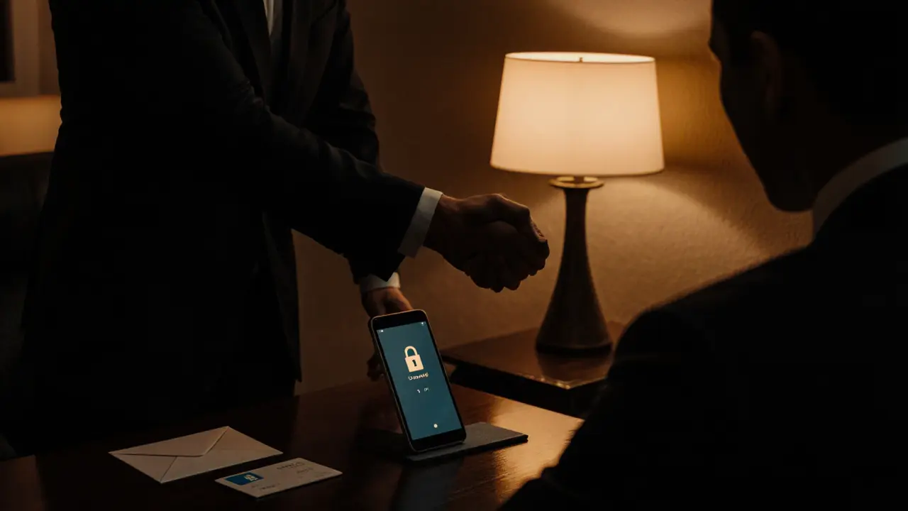 Silhouetted figures shaking hands over a sealed envelope in a dim, upscale office.