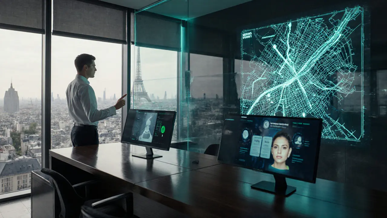 Sleek agency office with high‑tech screens showing encrypted chats and facial‑recognition AI.