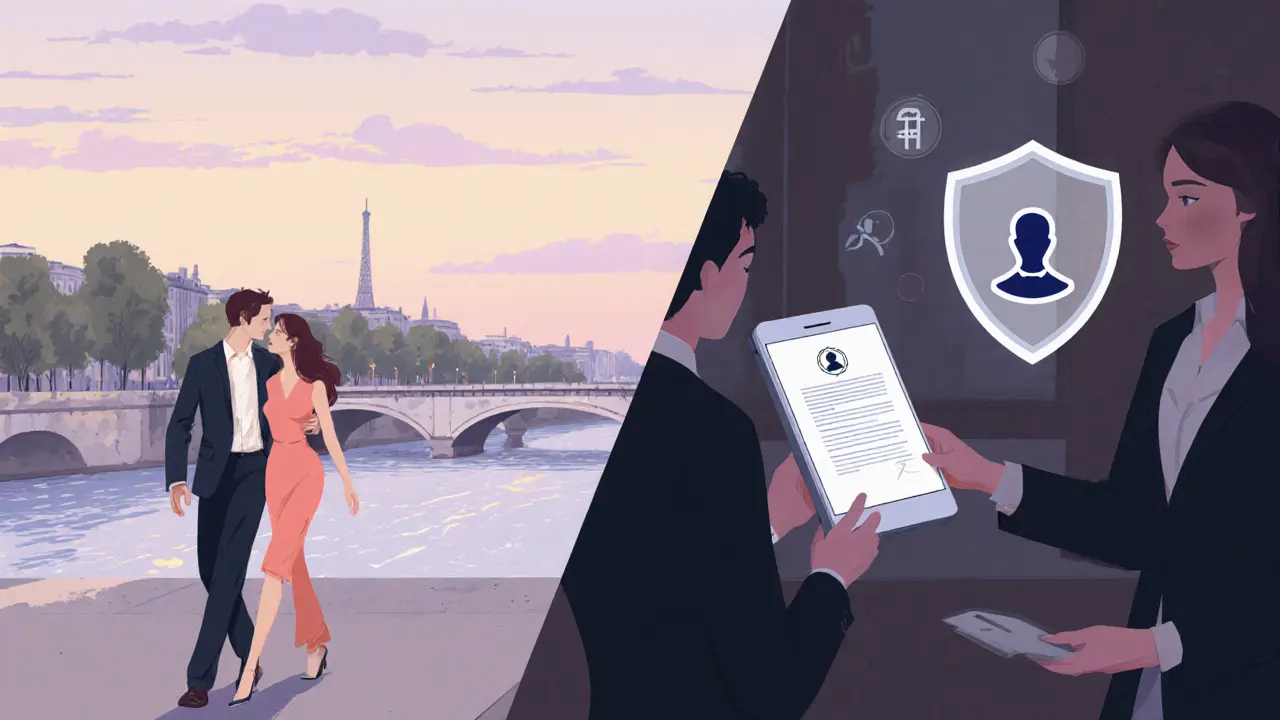 Split illustration contrasting traditional dating with professional escort companionship.