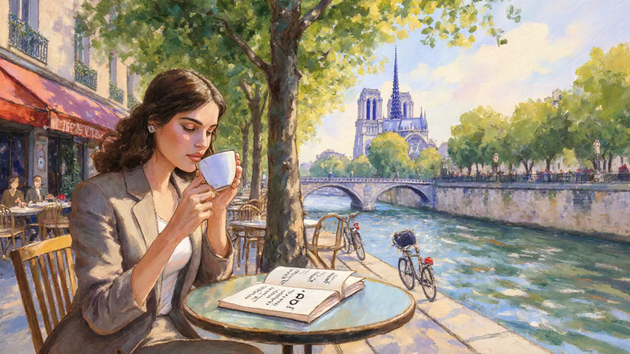 Woman at café terrace near Seine, sipping coffee and writing in notebook.