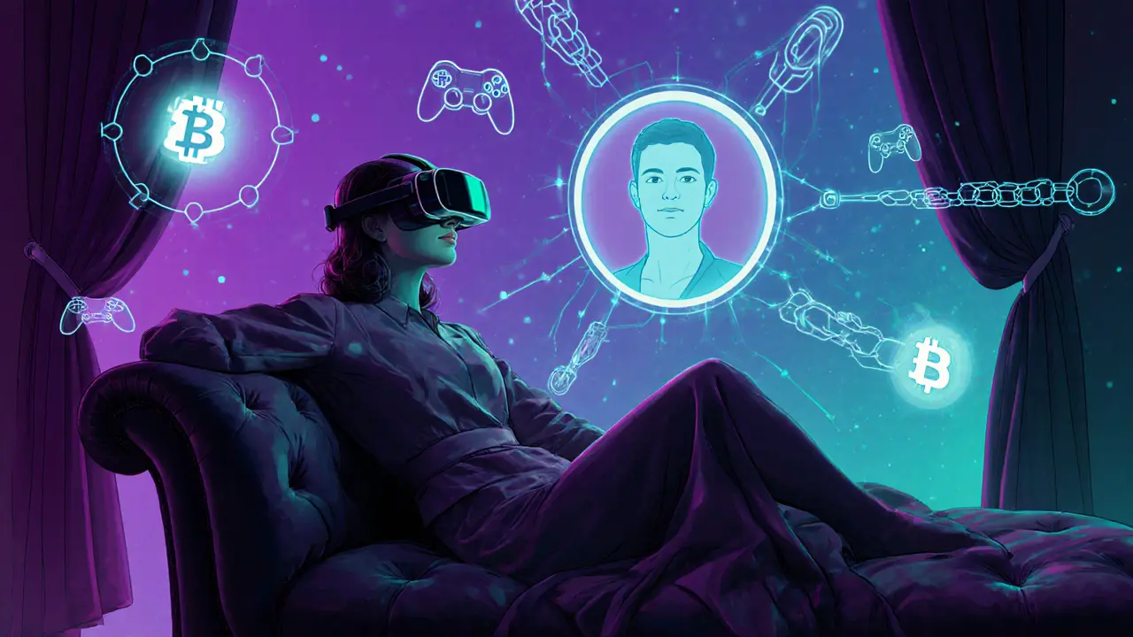 Woman in VR headset with holographic AI avatar in a neon‑lit Parisian bedroom.