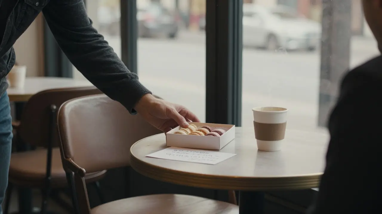 A box of macarons left on a café table beside an empty chair, morning light streaming in.