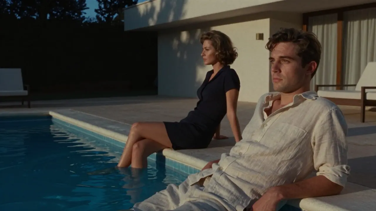 A man by a poolside with a couple in silence, tension in the air under French New Wave lighting.