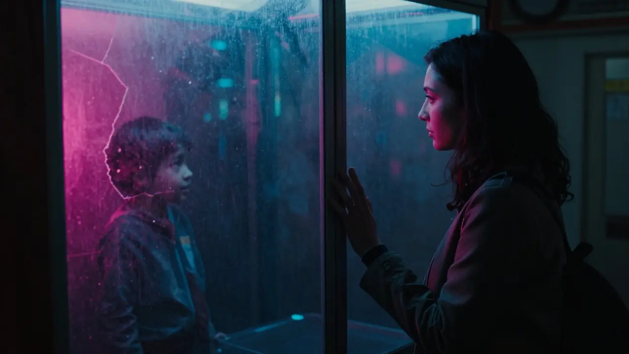 A woman behind a peep show booth watches a child, lit by neon, her face unseen but deeply emotional.